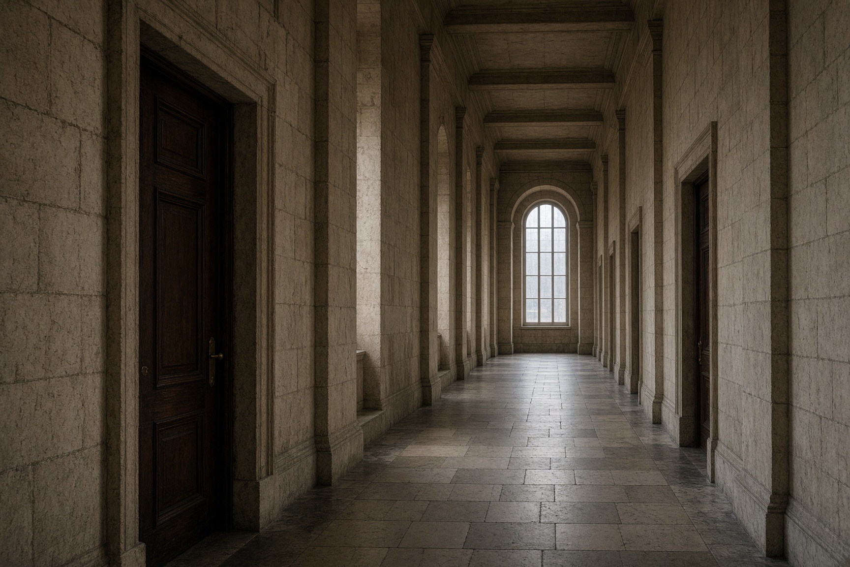 A limestone corridor in a historic financial building.