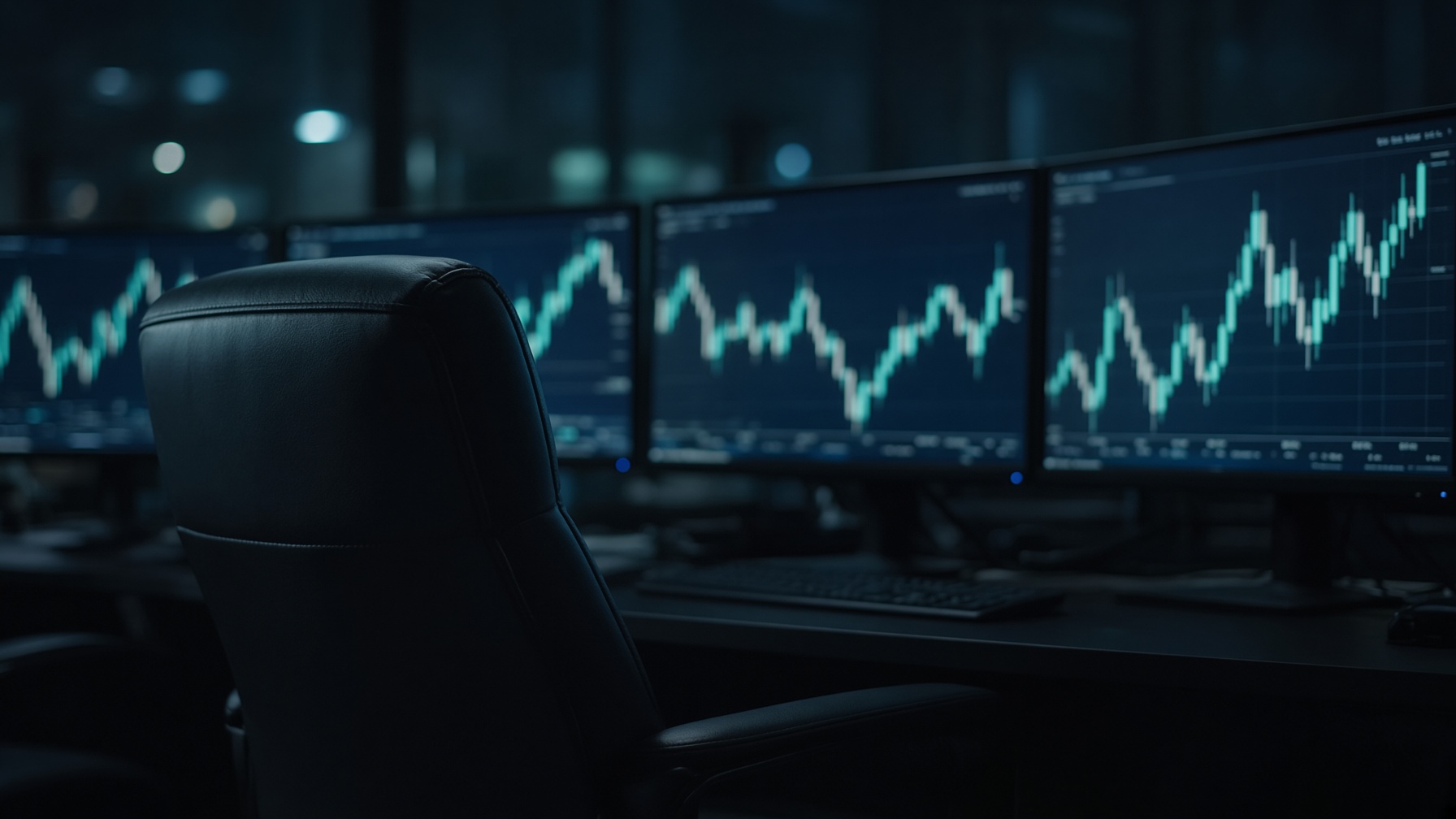 After-hours screens with a cool teal glow.