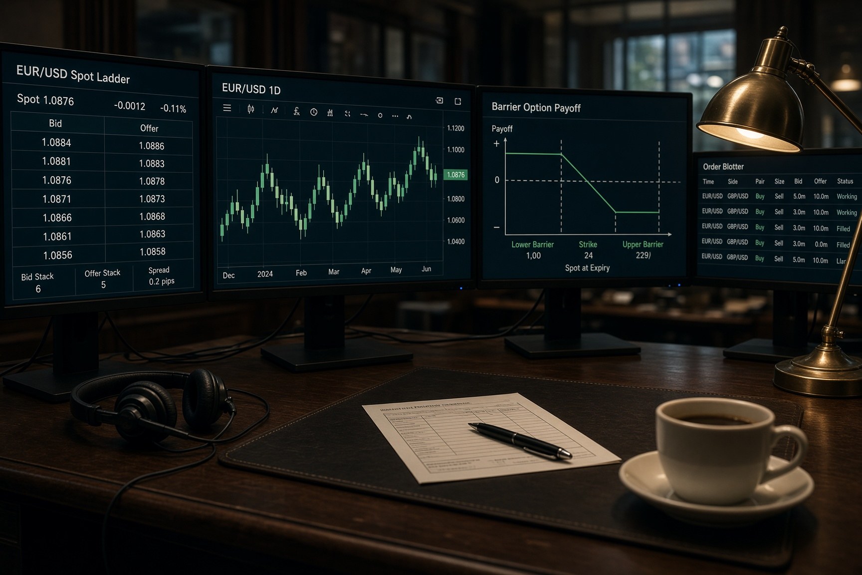 An empty FX options desk after hours: currency screens, blotter and a cooling cup.